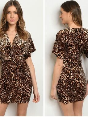 BLUSH BLUE Velvet Leopard Print Twist-Front Mini Dress - Brown